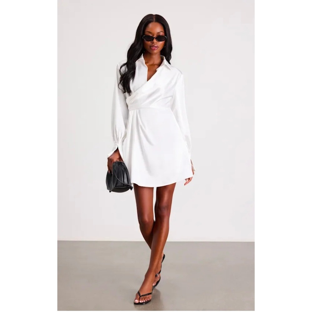 Lulus Rumaria White Satin Faux Wrap Mini Dress White XL Womens Chic Bridal